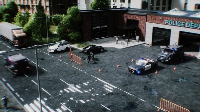 Police Car Emergency Response Exits Garage and Joins High-Speed Pursuit . Police Department.