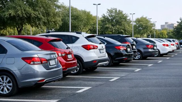 Row of Diverse Modern Cars and SUVs in an Outdoor Parking Lot