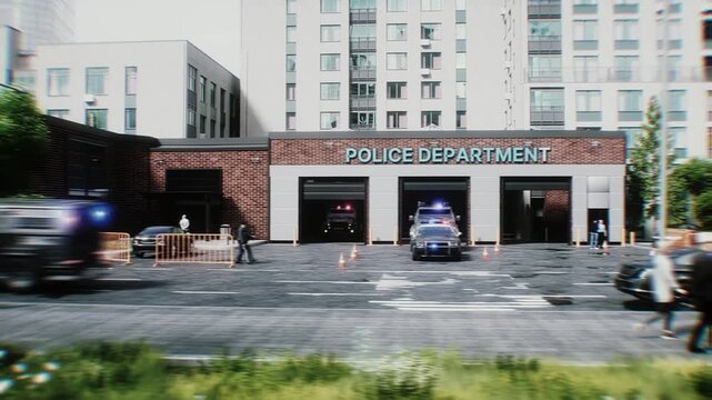 Police Car Emergency Response Exits Garage and Joins High-Speed Pursuit . Police Department.