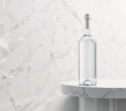 Minimal Glass Bottle on White Marble Background