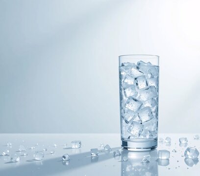 Refreshing Glass of Iced Water on Blue Background