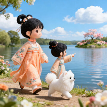 Felt Hanfu Figures Walking By Spring Lakeside