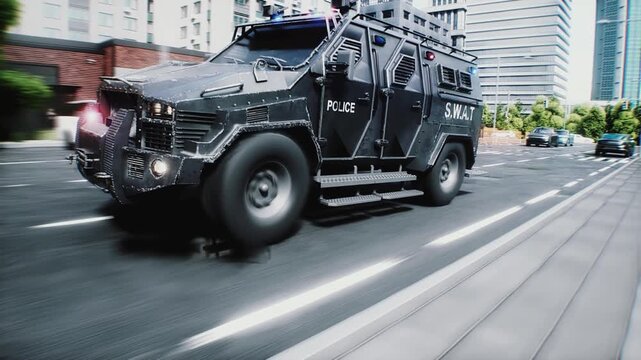 Police Car Emergency Response Exits Garage and Joins High-Speed Pursuit . Police Department.