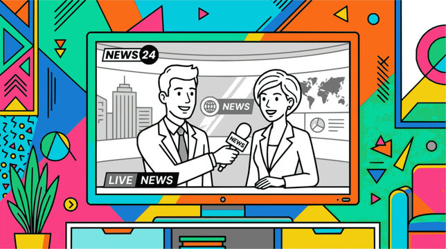 News reporter interviewing a professional woman on television screen with bright colors and sharp vector lines
