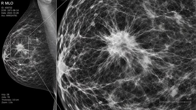 Diagnostic mammogram x-ray highlighting a suspicious suspicious mass and spiculated lesion within dense breast tissue for medical screening and oncology concepts