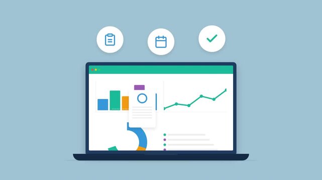 Modern digital laptop display with colorful financial charts, analytics dashboard, rising growth graph and floating circular planning icons, concept for finance timeline management, ideal for