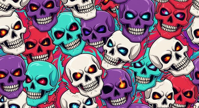 Colorful skull pattern with vibrant purple, red, turquoise, and white heads. Each skull features glowing eyes and detailed teeth. Perfect for Halloween, spooky decorations, or edgy designs.