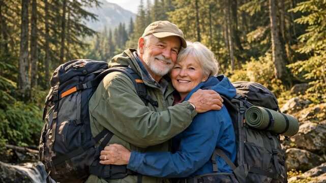 Smiling Senior Couple Hugging with Backpacks in a Forest
