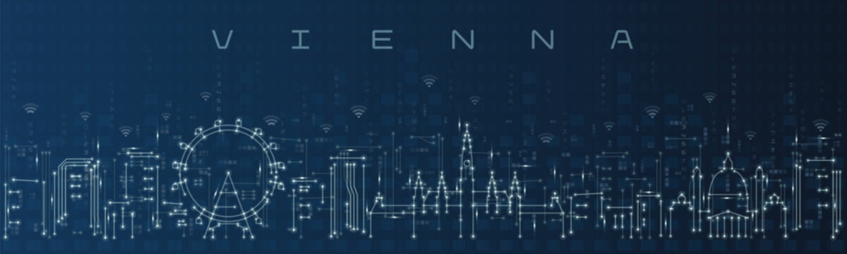 Vienna Smart City Skyline Vector in Circuit Board Style Futuristic Technology Background