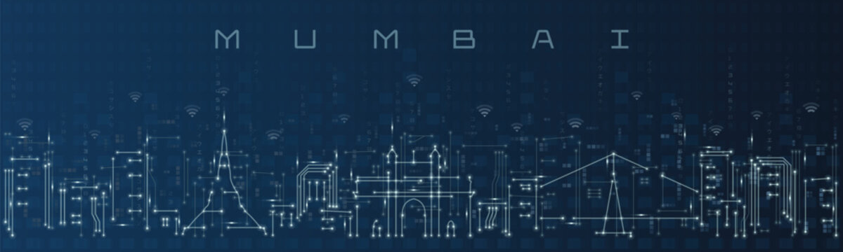Mumbai Smart City Skyline Vector in Circuit Board Style Futuristic Technology Background