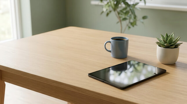 Minimalist wooden desk with digital tablet, coffee cup and succulent plant near window, cozy home office flat lay concept for remote work, technology and modern lifestyle interior design