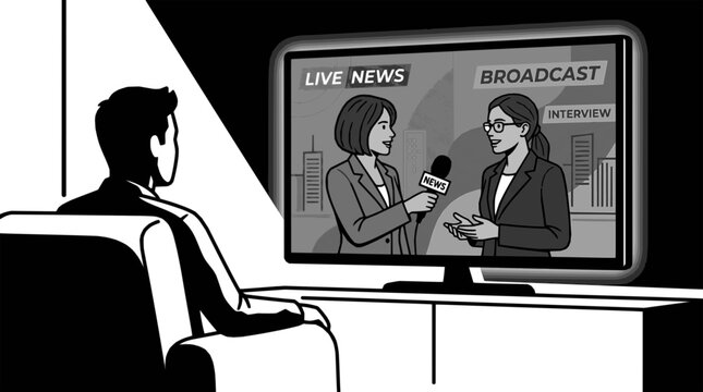 News reporter interviewing a professional woman on television screen with bright colors and sharp vector lines
