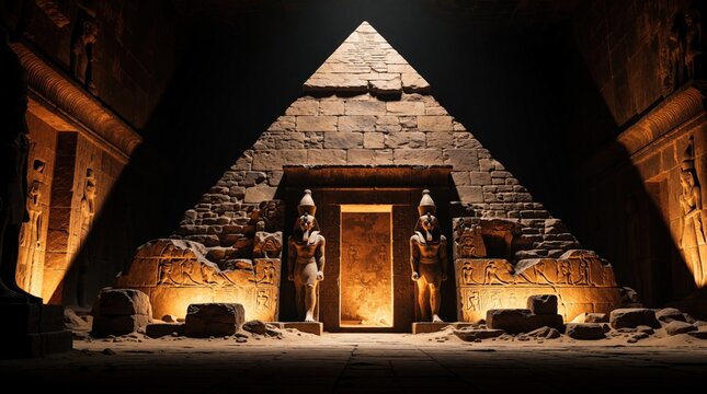 Ancient stone pyramid inside dark temple with hieroglyphs and statues. Mysterious Egyptian tomb interior with dramatic lighting and dramatic shadows. Vast historical structure.