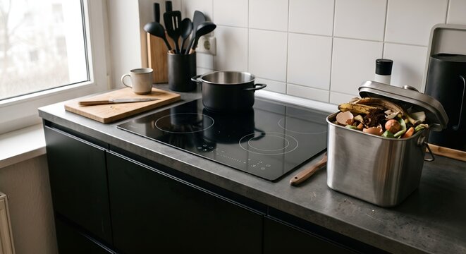 Stainless steel kitchen compost caddy filled with food scraps on a worktop beside an induction hob