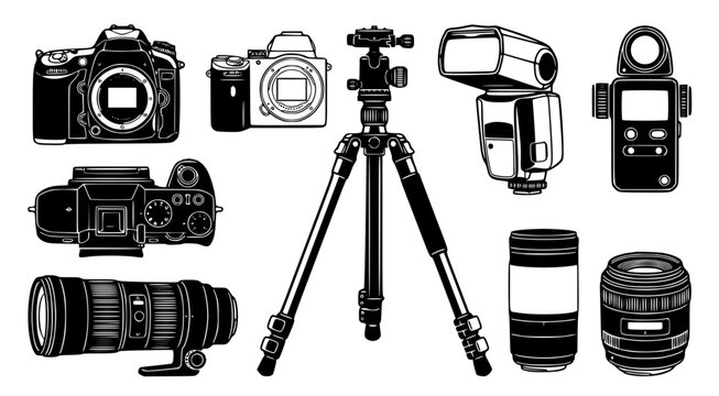 Set of professional photography equipment icons featuring dslr cameras mirrorless bodies tripods lenses and flash units isolated on transparent background for media and creative design