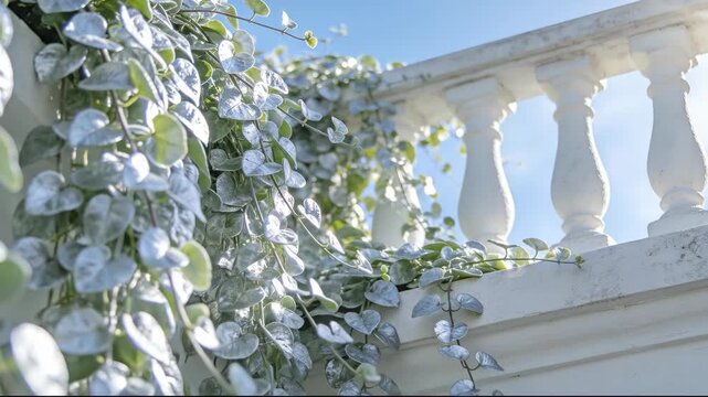 Lush silver plants cascading over a white stone balustrade under a clear blue sky with gentle sunbeams