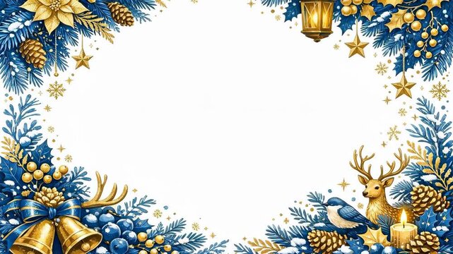 Festive Christmas Frame with Gold Bells and Pine Branches