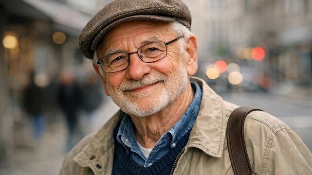 Smiling Senior Man Wearing a Flat Cap and Glasses in a City Setting