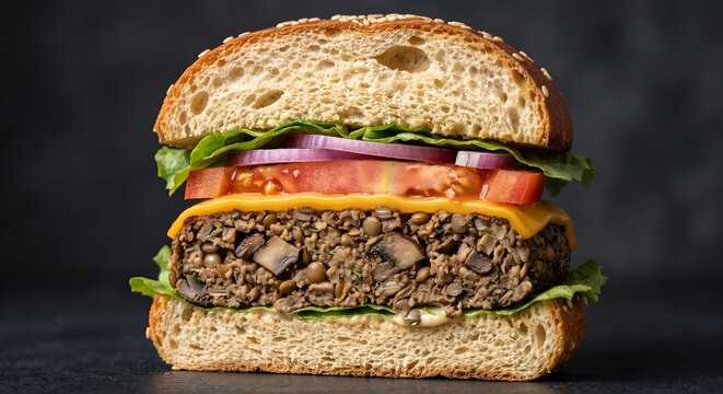 Close-up cross-section of a vegetarian lentil and mushroom burger with cheese, tomato, red onion and lettuce