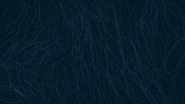 Dark blue background, with chaotic thin, white scribbled lines, creating a textured, hand drawn effect, with overlapping circular shapes