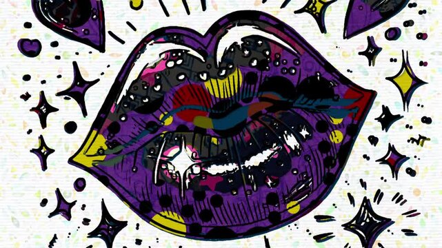Vibrant Pop Art  Lips with Sparkles and Hearts