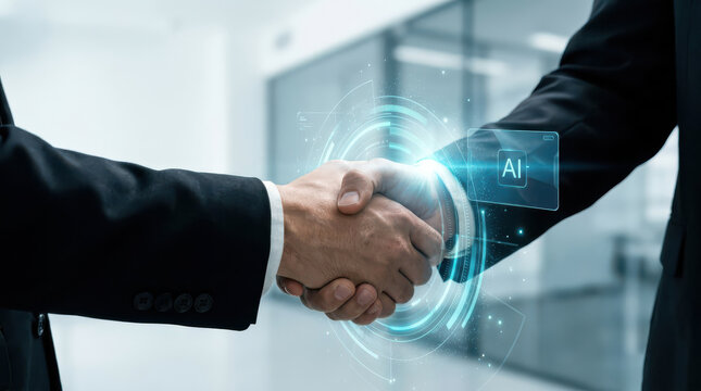 Two businessmen shaking hands with glowing AI hologram sphere above, artificial intelligence business partnership concept for technology deal, agreement and corporate innovation in modern office