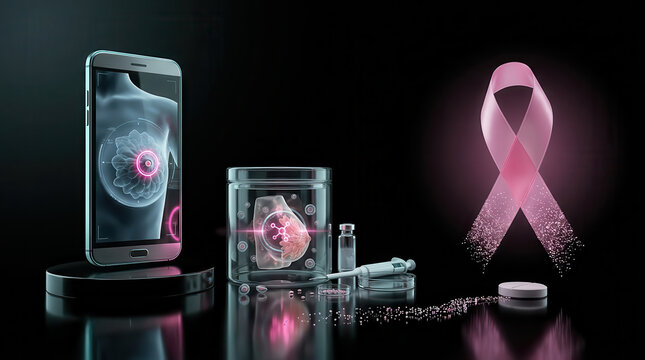 Medical breast cancer awareness scene with glowing pink ribbon, imaging equipment and breast health symbols, representing cancer screening, early diagnosis, medical research, treatment and support