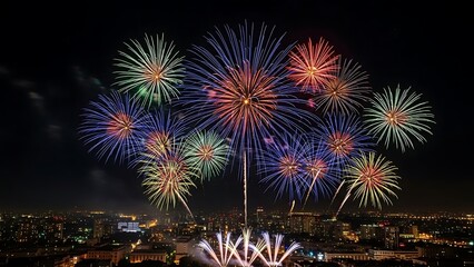 Obraz premium Colorful fireworks display lighting up the night sky over a city skyline