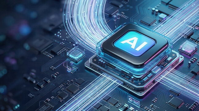 AI processor integrated into advanced digital circuit board with glowing data pathways, conceptual artificial intelligence technology scene representing machine learning, computing and innovation