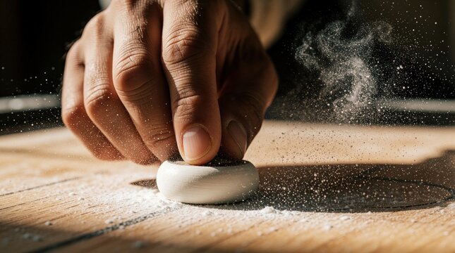 Person hits carrom striker with powder motion. Close-up detail of hand flicking disc on board. Indoor game action, tabletop fun, competitive leisure activity.