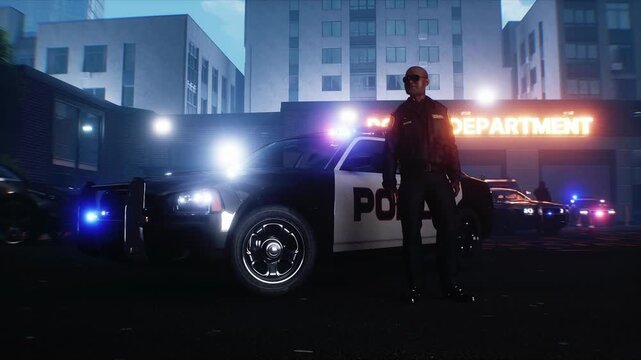 Police Car with Flashing Lights Near Police Department Building. Realistic 4k animation.