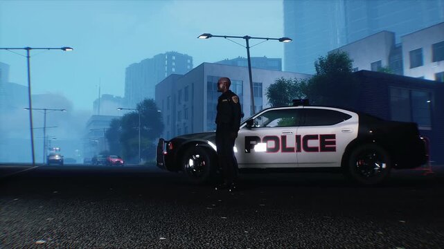 Police Car with Flashing Lights Near Police Department Building. Realistic 4k animation.