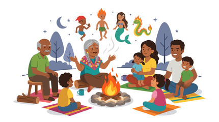 Fototapeta premium Elderly woman tells stories to multi-generational family around campfire under starry night