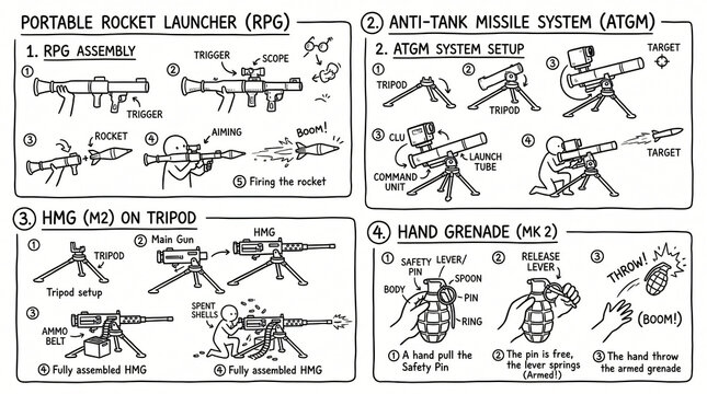 Heavy Infantry Weapon Line Art Doodle Diagram Collection Hand Drawn Portable Rocket Launcher Anti Tank Missile System Machine Gun Tripod Hand Grenade Minimal Line Isolated White Background