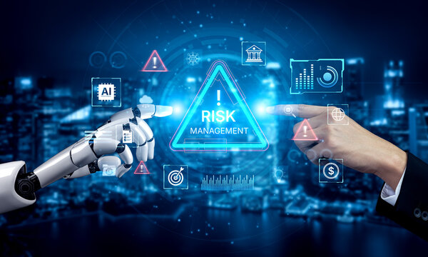Futuristic risk management featuring AI agents analyzing data, detecting anomalies, and predict financial threats. Represents dynamic risk assessment, compliance, and cyber resilience. Corpus