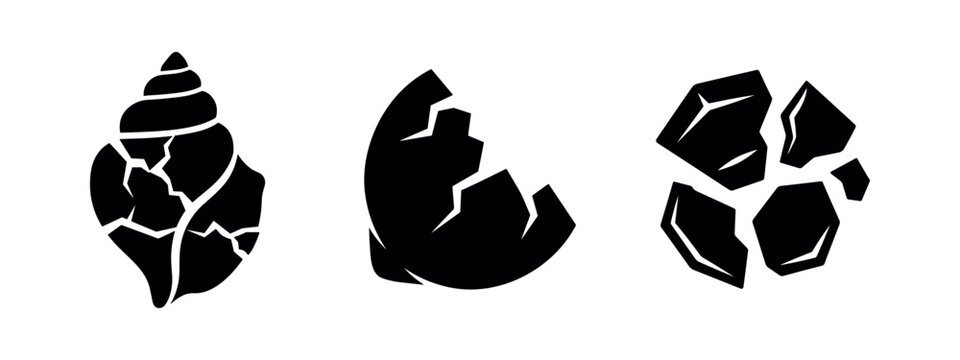 Broken shell and shattered rock icons. Fragile and damaged natural elements.