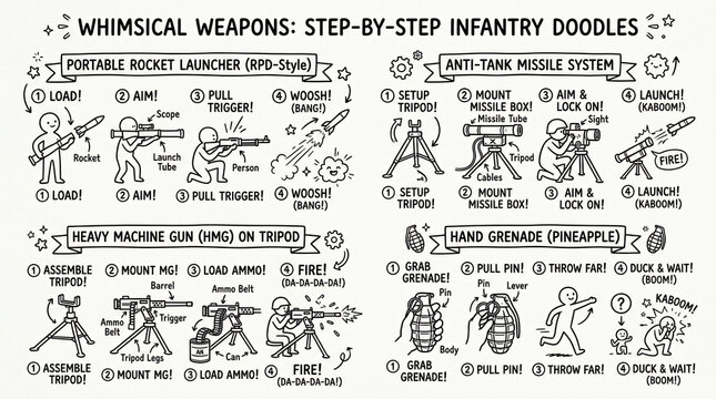 Heavy Infantry Weapon Line Art Doodle Diagram Collection Hand Drawn Portable Rocket Launcher Anti Tank Missile System Machine Gun Tripod Hand Grenade Minimal Line Isolated White Background