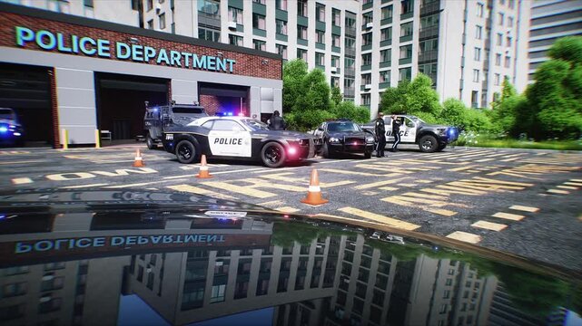 Police Department Building in City with Patrol Cars Ready for Dispatch. Realistic 4k animation