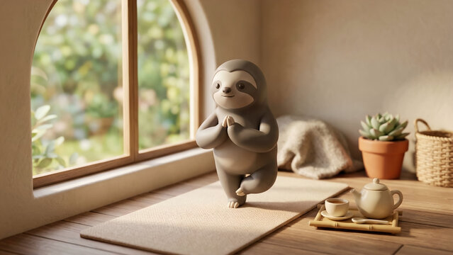 3D render clay-style miniature diorama of cute sloth practicing yoga in tree pose in a room with an arched window.