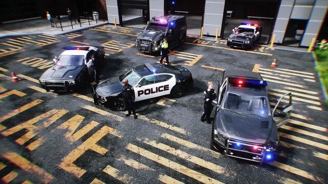 Police Car with Flashing Lights Near Police Department Building. Realistic 4k animation.