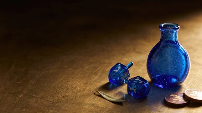 Blue glass dreidels and a small bottle on a brass surface with coins, representing Hanukkah traditions and festive celebrations