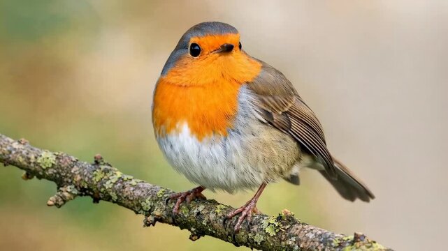 European Robin perched on a mossy branch in nature