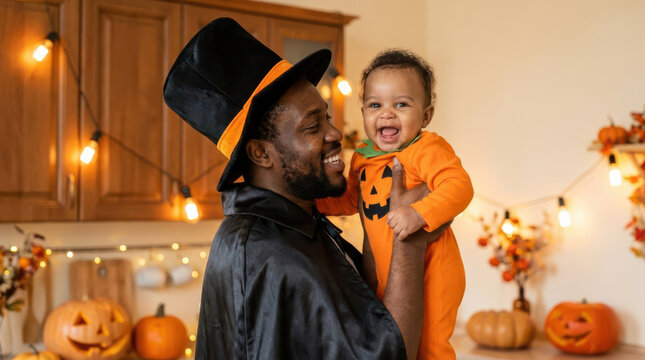 Man in black and orange Halloween costume holding laughing baby in orange outfit in decorated kitchen with pumpkins, Halloween family costume concept for autumn celebration and holiday party