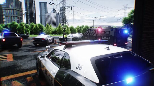 Police Car with Flashing Lights Near Police Department Building. Realistic 4k animation.