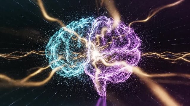 Abstract brain crackles with radiant power, futuristic mind icon glowing in blue and magenta. Brain silhouette surges with electric arcs and sparkling particles across dark void, forming neural