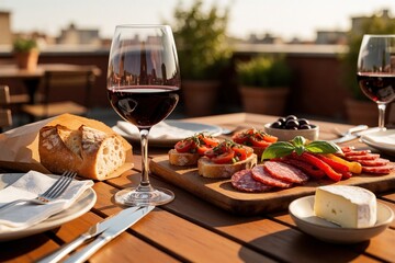 Obraz premium Rooftop dinner with Italian antipasti, red wine, bread and cheese. Couple enjoys snacks and drinks on a sunny evening overlooking city skyline.