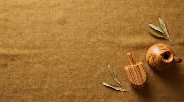 Olive wood objects including a mockup dreidel and a bottle on a linen background with bay leaves, ideal for culinary and decorative use
