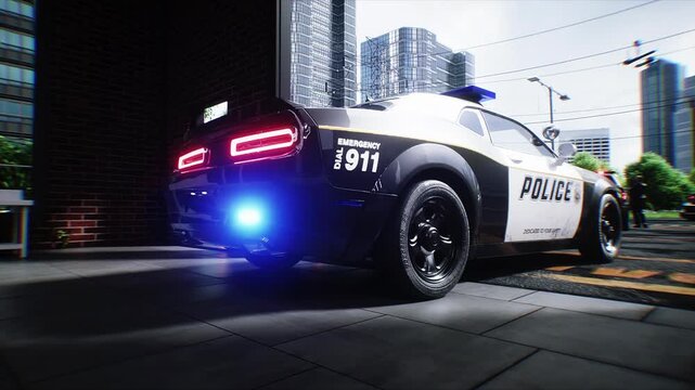 Police Car with Flashing Lights Near Police Department Building. Realistic 4k animation.