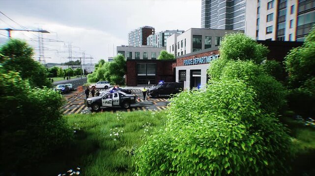 Police Department Building in City with Patrol Cars Ready for Dispatch. Realistic 4k animation