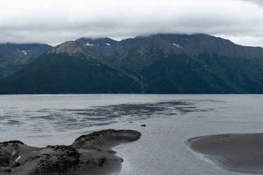 Alaska autumn coastal seascape panorama along the Turnagain Arm at low tide near Girdwood and Anchorage, USA